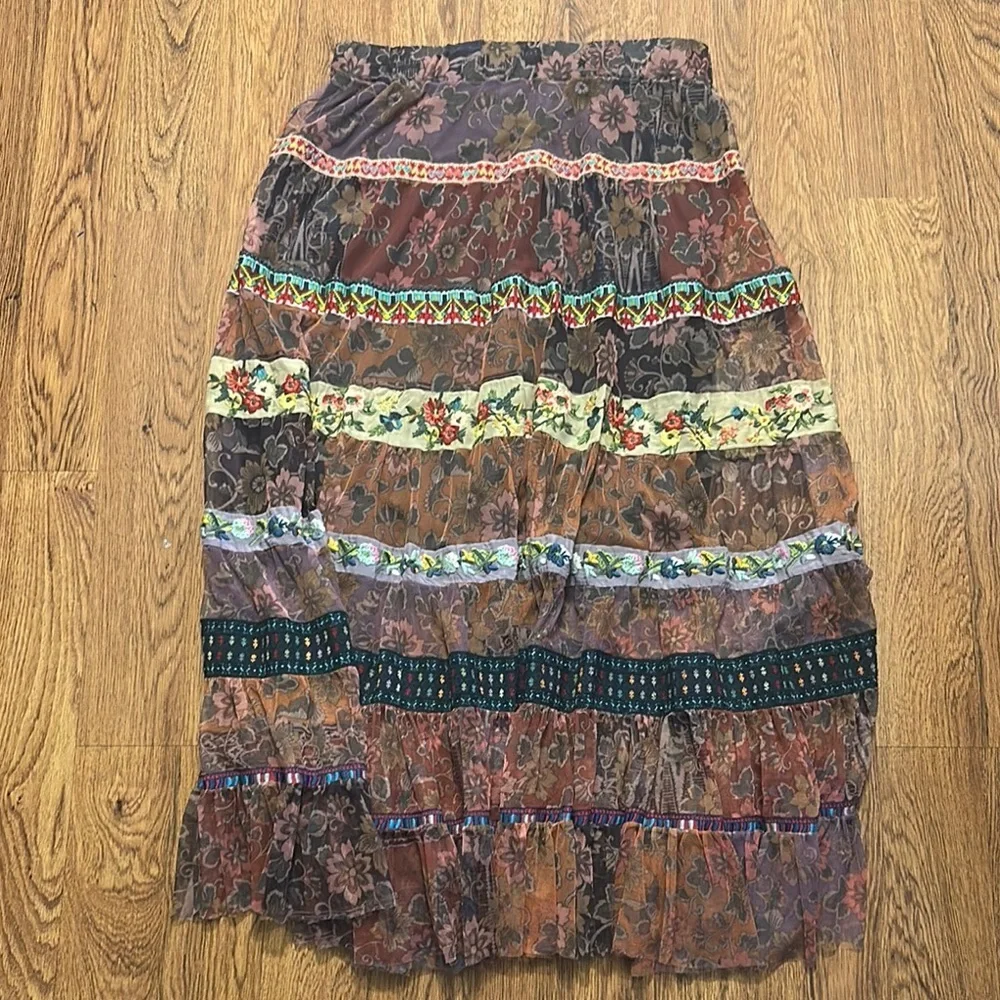 Johnny Was BIYA Bohemian Multicolor Tiered Skirt M tiered front slit lined boho - Picture 6 of 8